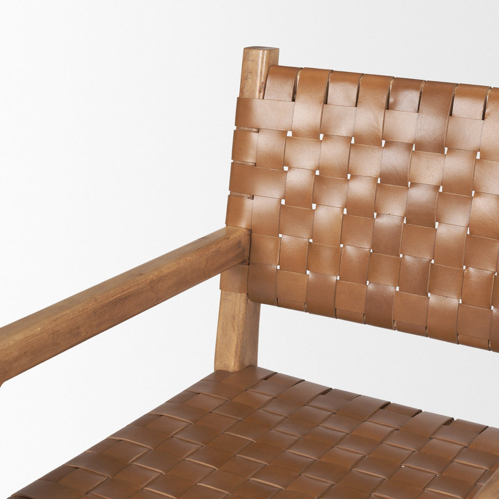 Shane Brown Wood w/ Woven Brown Leather Dining Armchair - Dekor Butik