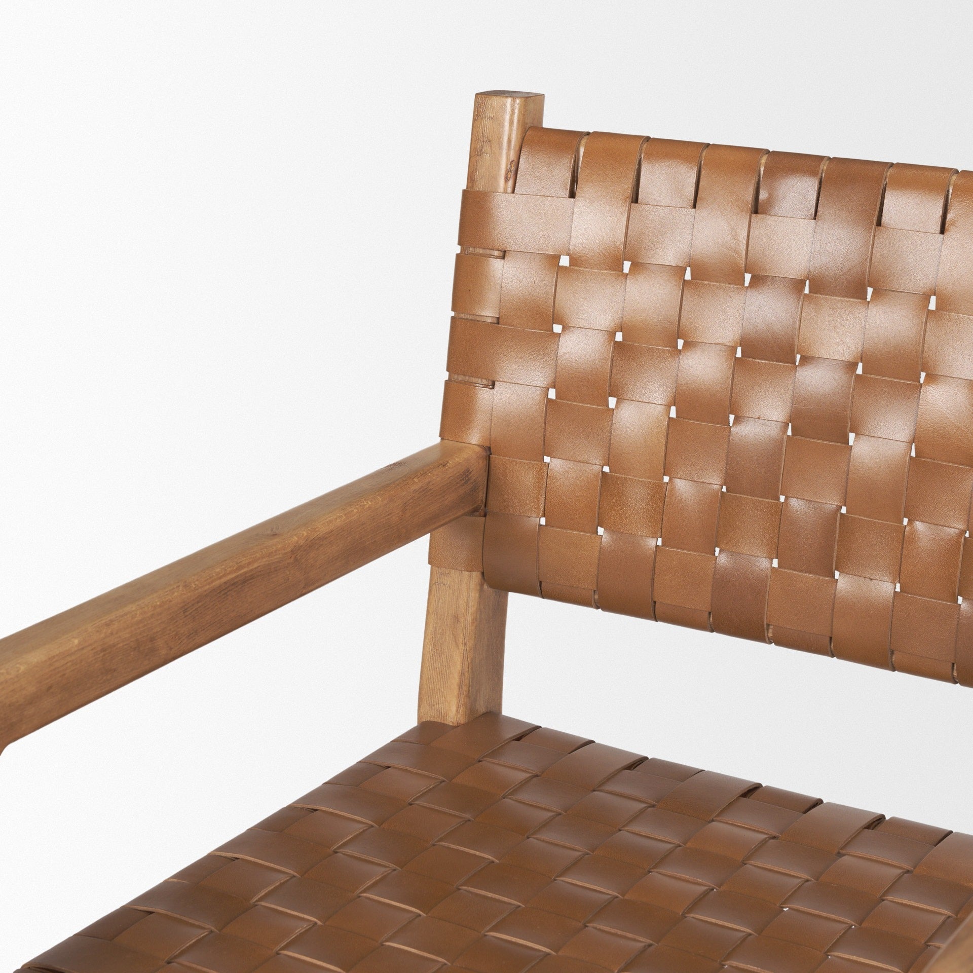 Shane Brown Wood w/ Woven Brown Leather Dining Armchair - Dekor Butik
