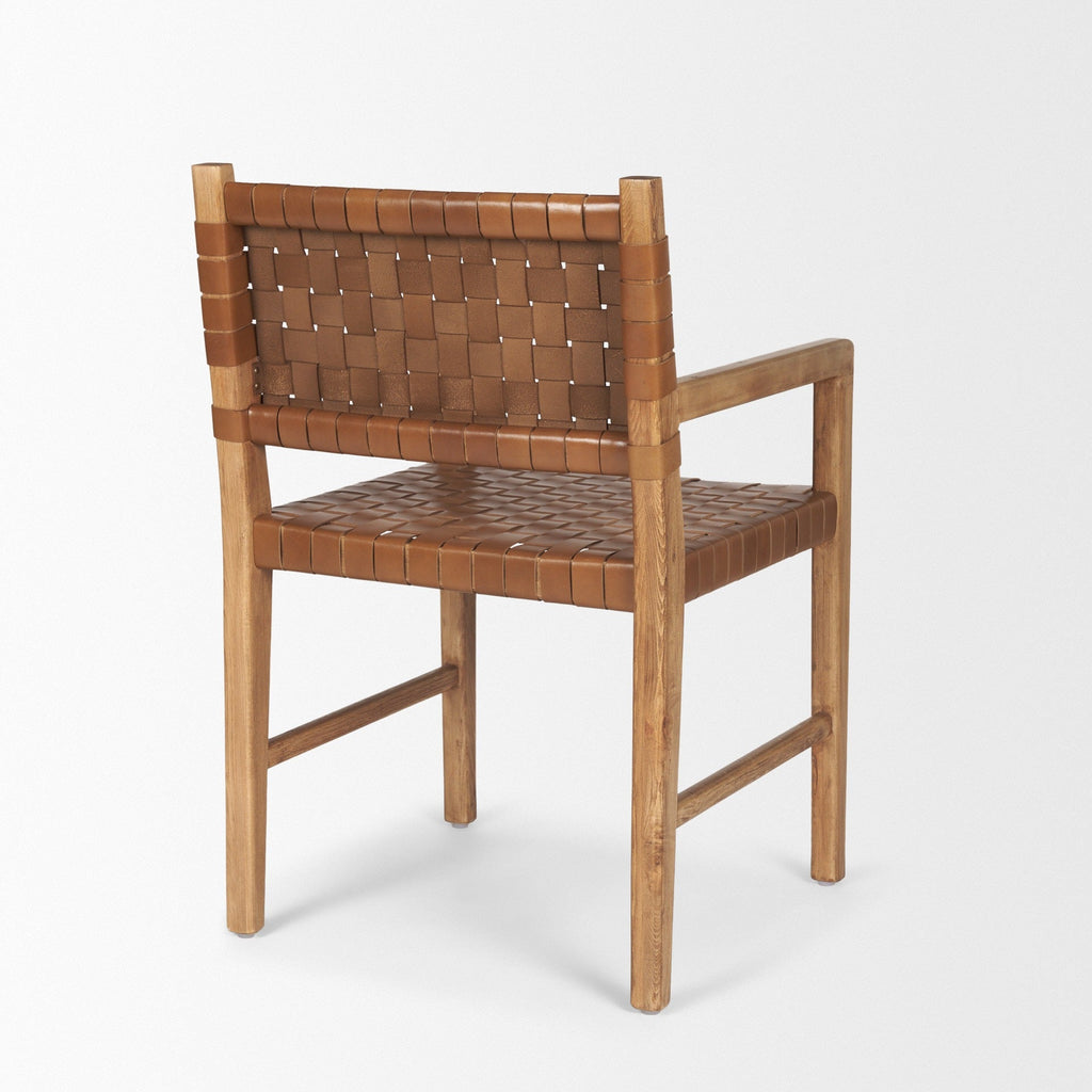Shane Brown Wood w/ Woven Brown Leather Dining Armchair - Dekor Butik