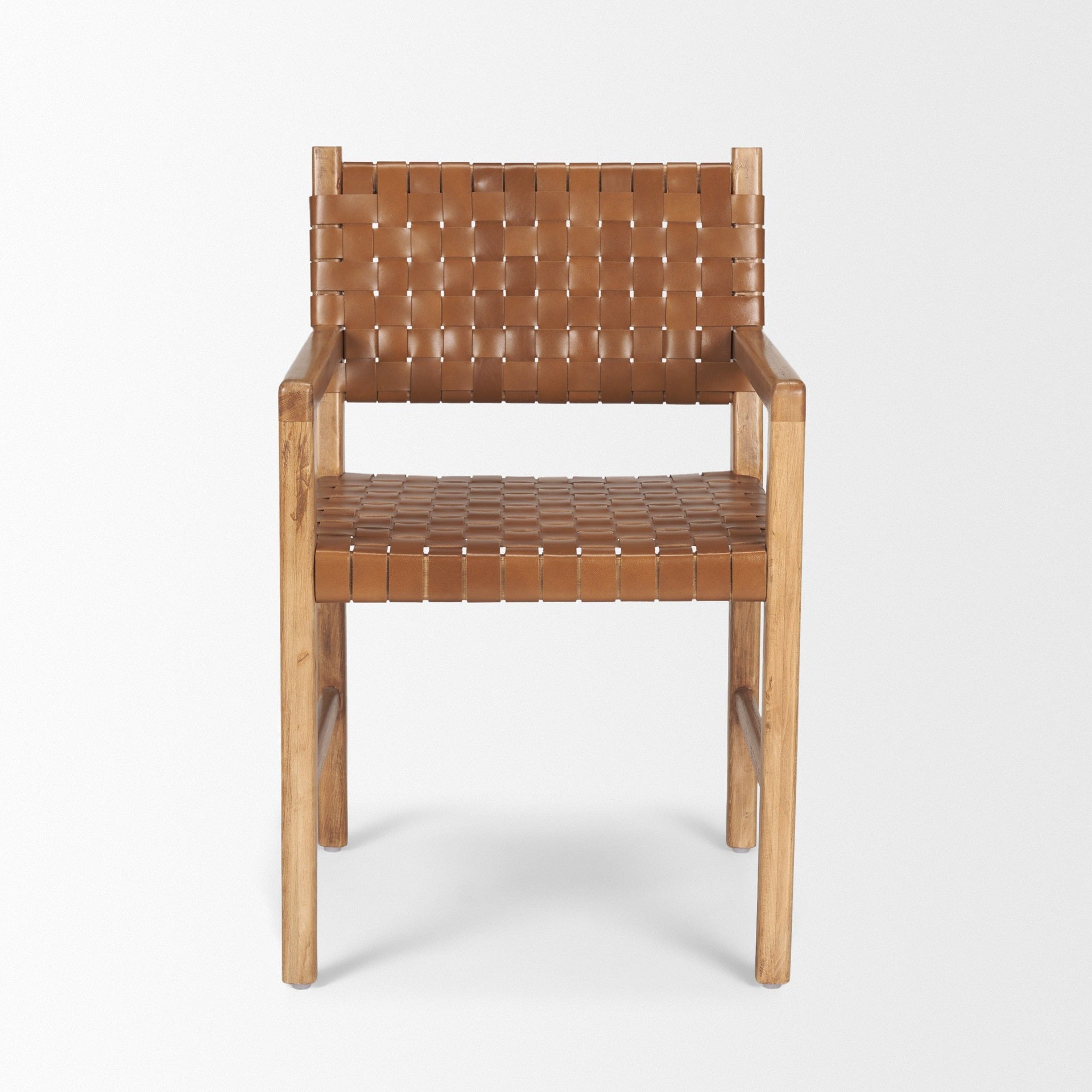 Shane Brown Wood w/ Woven Brown Leather Dining Armchair - Dekor Butik