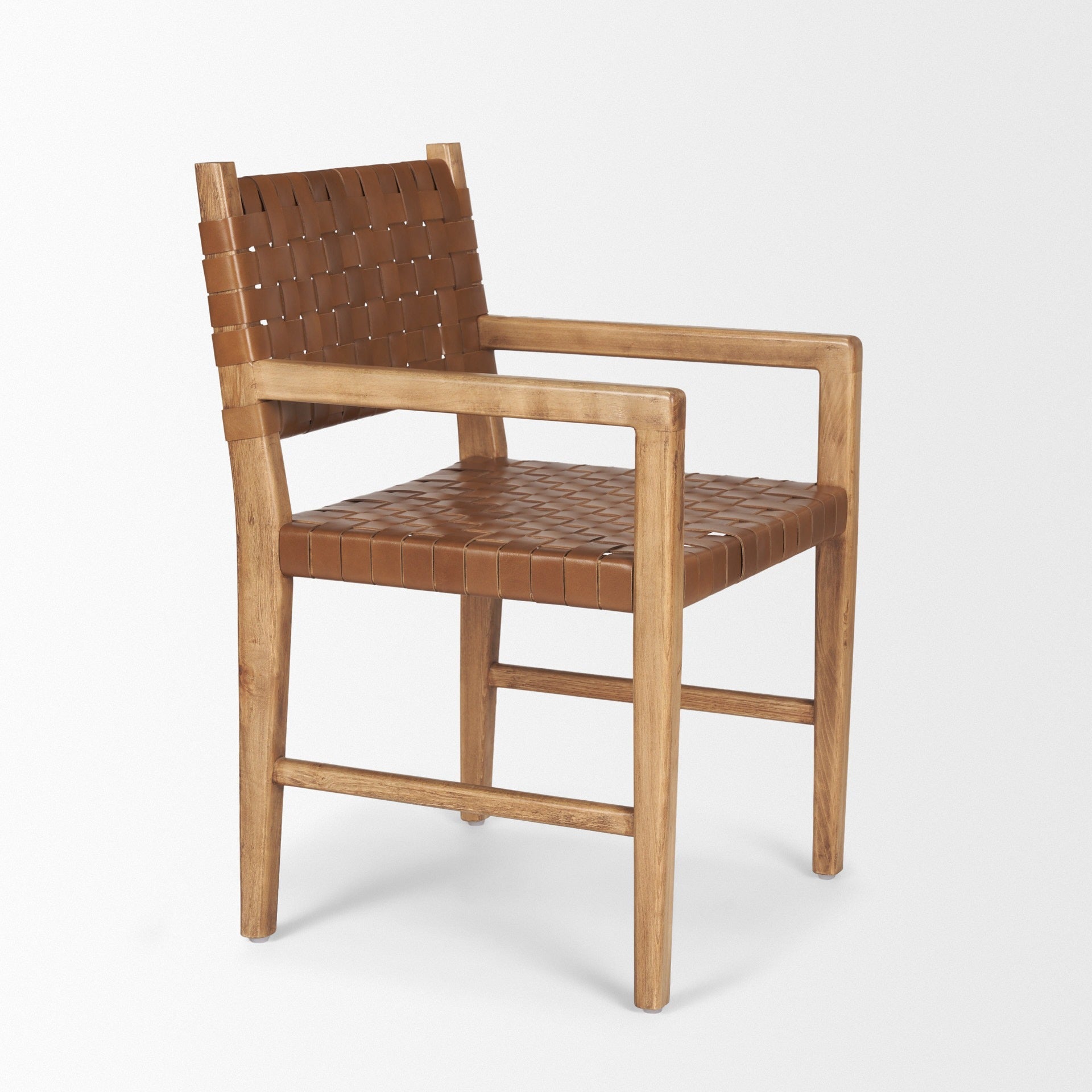 Shane Brown Wood w/ Woven Brown Leather Dining Armchair - Dekor Butik
