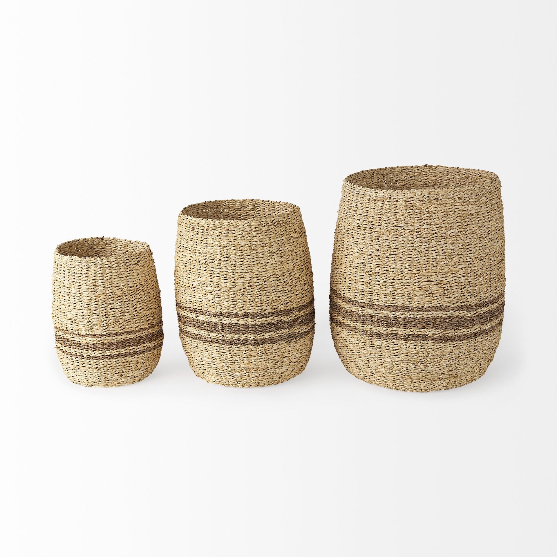 Sivannah 19.7L x 19.7W x 23.6H (Set of 3) Light Brown and Medium Brown Striped Seagrass Round Basket - Dekor Butik