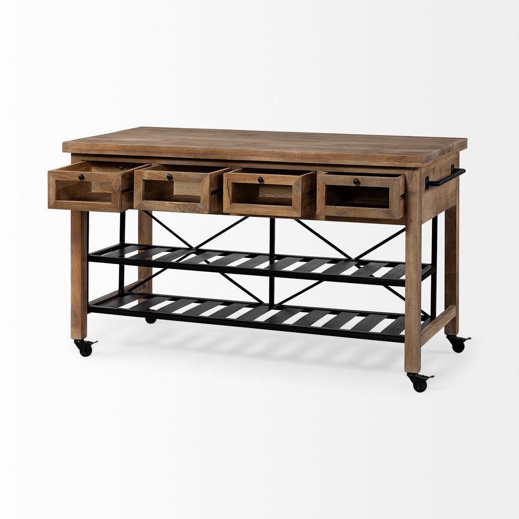 Stuart Brown Solid Wood Black Metal Rolling Kitchen Island - Dekor Butik