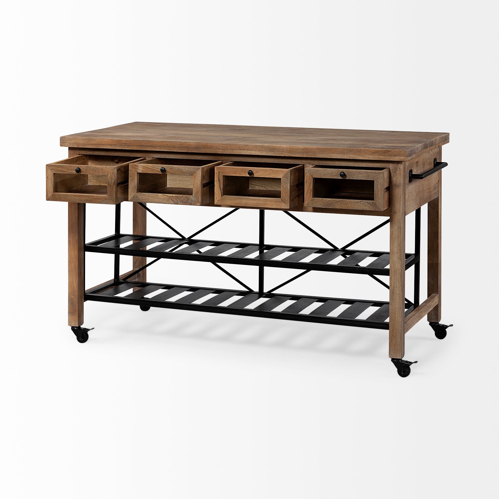 Stuart Brown Solid Wood Black Metal Rolling Kitchen Island - Dekor Butik
