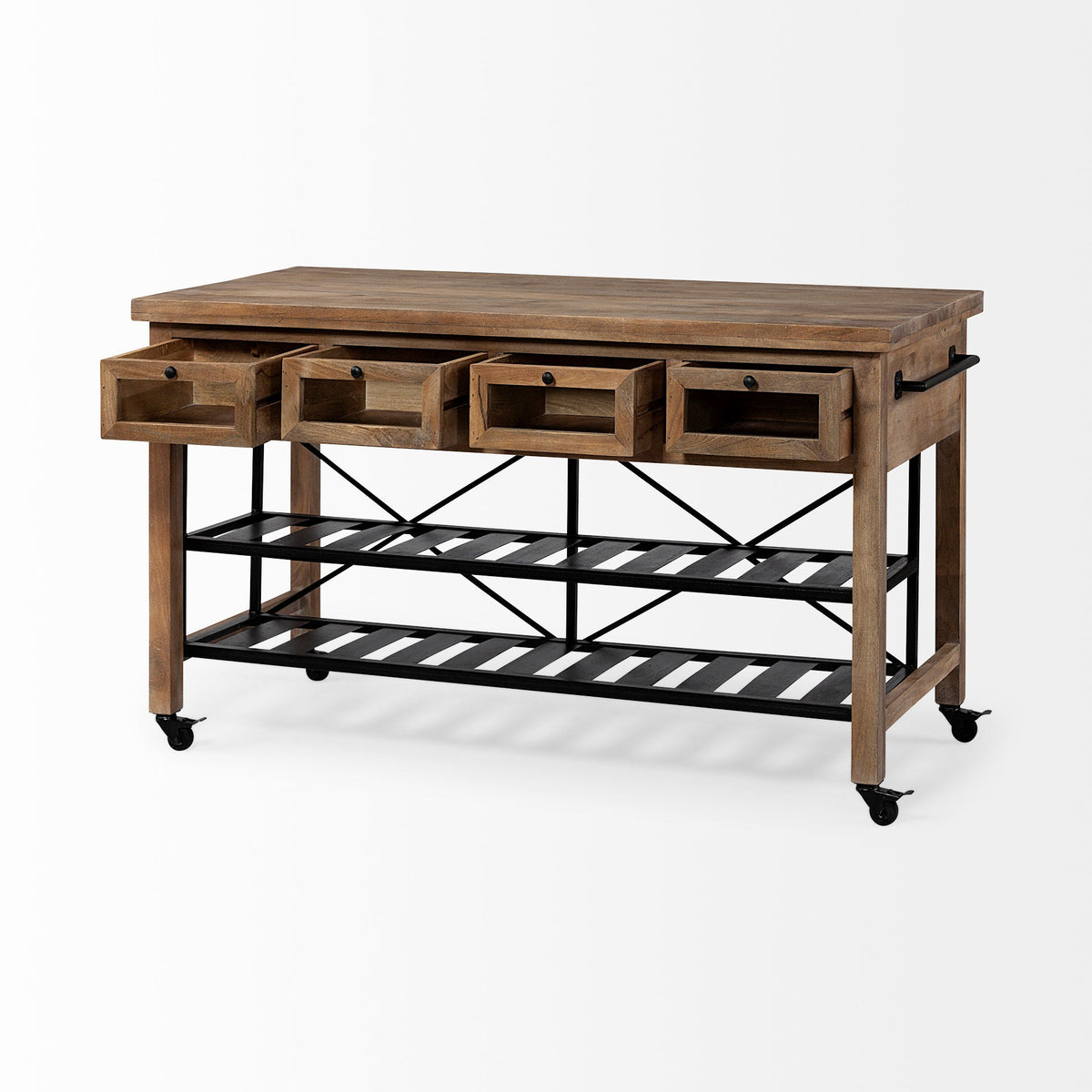 Stuart Brown Solid Wood Black Metal Rolling Kitchen Island - Dekor Butik