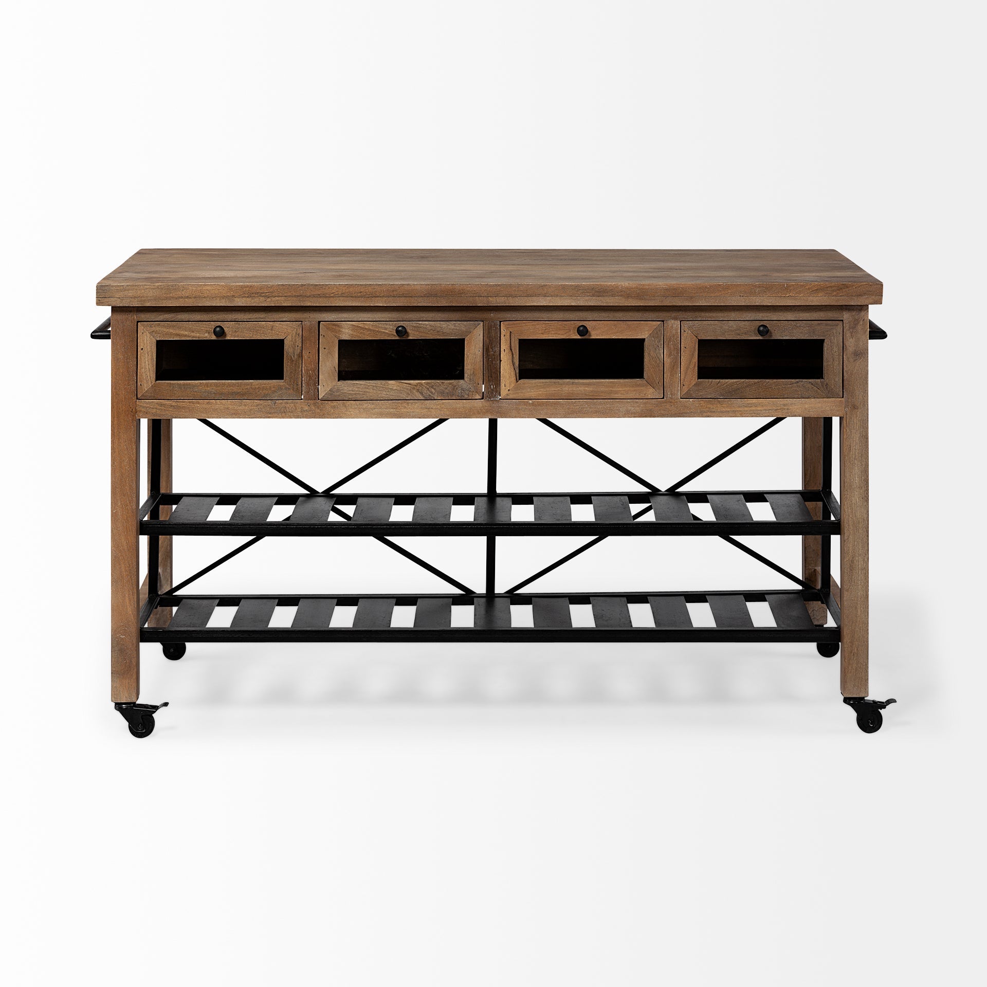 Stuart Brown Solid Wood Black Metal Rolling Kitchen Island - Dekor Butik