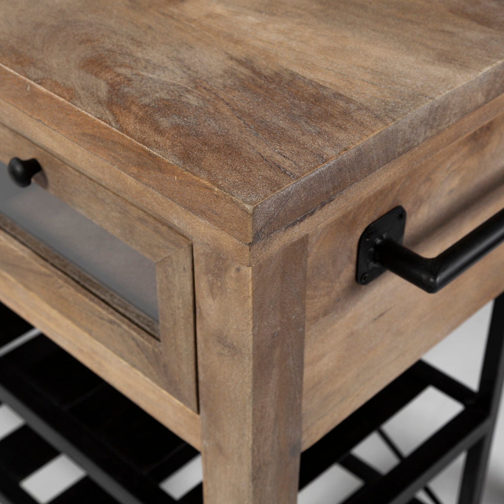 Stuart Brown Solid Wood Black Metal Rolling Kitchen Island - Dekor Butik