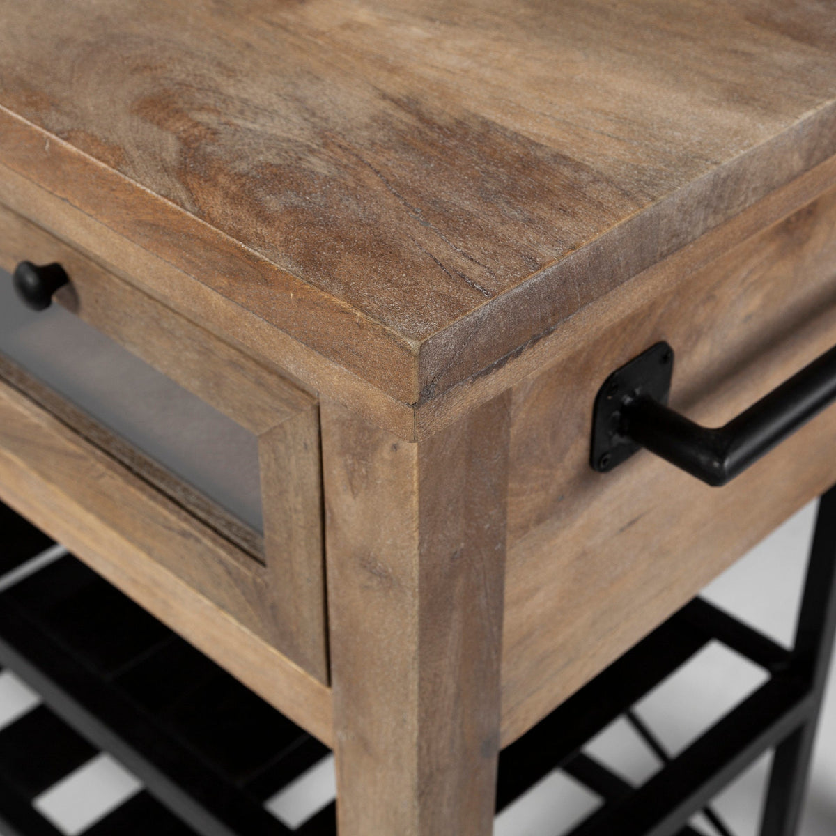 Stuart Brown Solid Wood Black Metal Rolling Kitchen Island - Dekor Butik