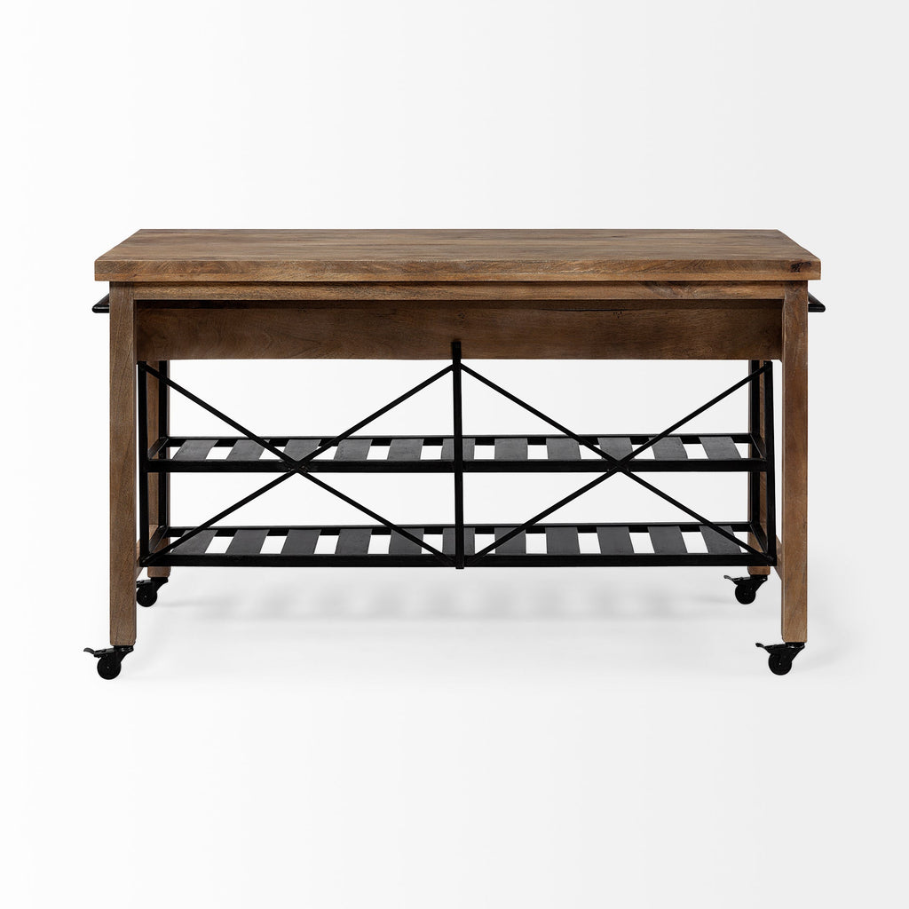 Stuart Brown Solid Wood Black Metal Rolling Kitchen Island - Dekor Butik