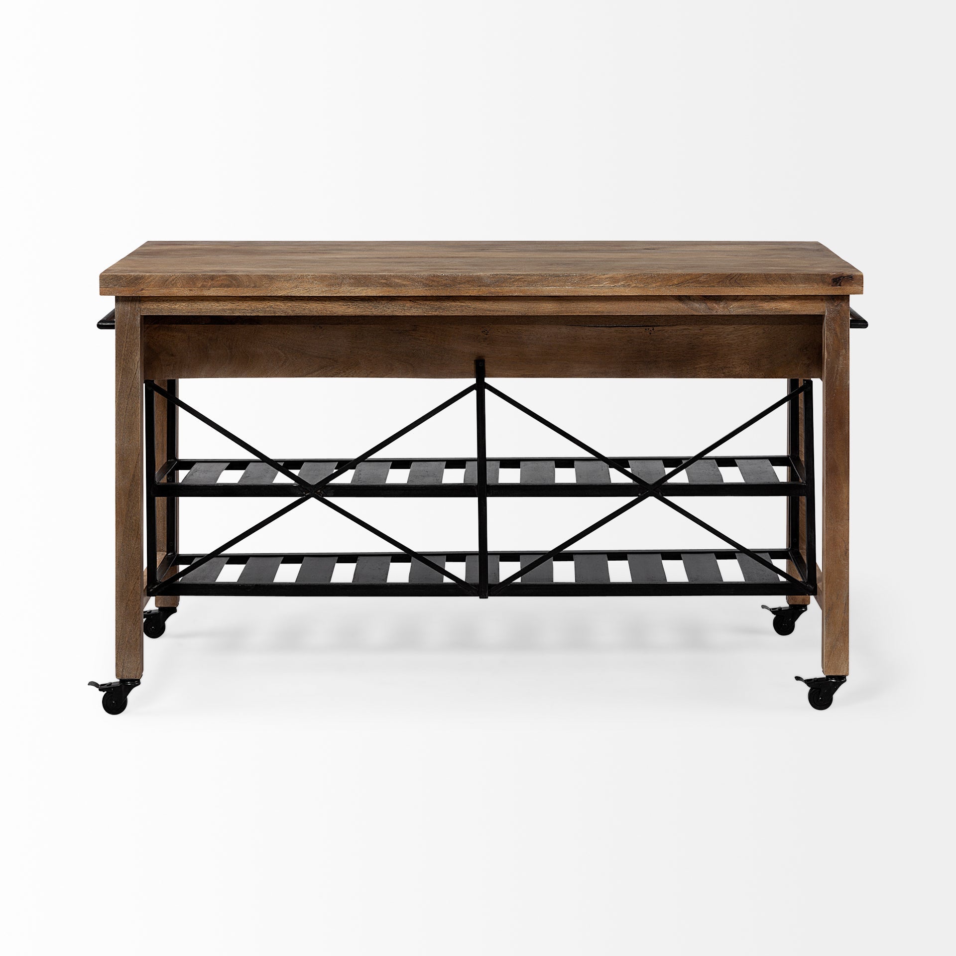 Stuart Brown Solid Wood Black Metal Rolling Kitchen Island - Dekor Butik