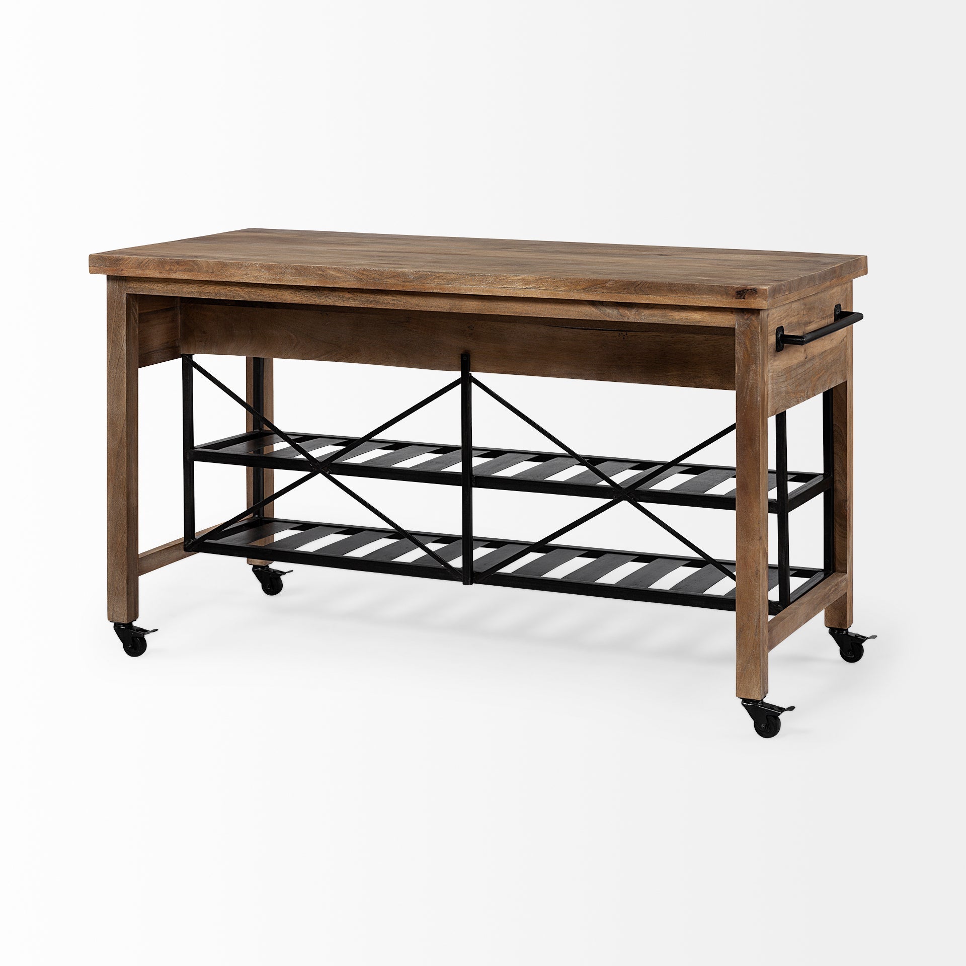 Stuart Brown Solid Wood Black Metal Rolling Kitchen Island - Dekor Butik
