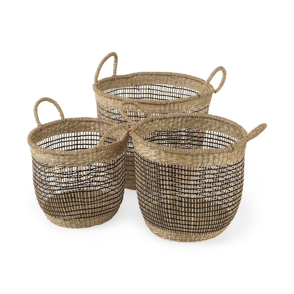 Triopas 15.7L x 15.7W x 13.4H (Set of 3) Medium Brown Seagrass Round Basket W/ Handles - Dekor Butik