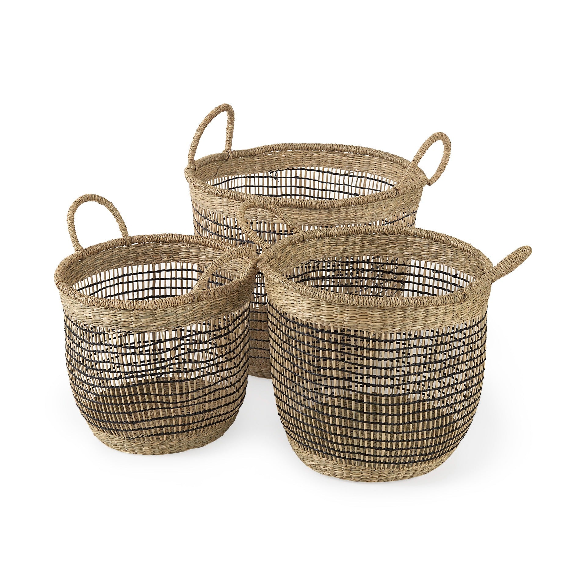 Triopas 15.7L x 15.7W x 13.4H (Set of 3) Medium Brown Seagrass Round Basket W/ Handles - Dekor Butik