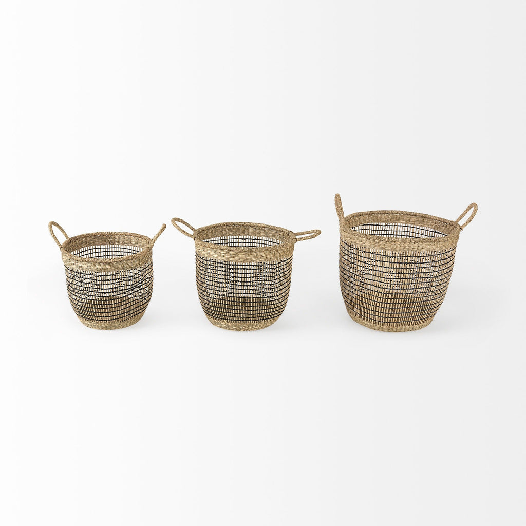 Triopas 15.7L x 15.7W x 13.4H (Set of 3) Medium Brown Seagrass Round Basket W/ Handles - Dekor Butik