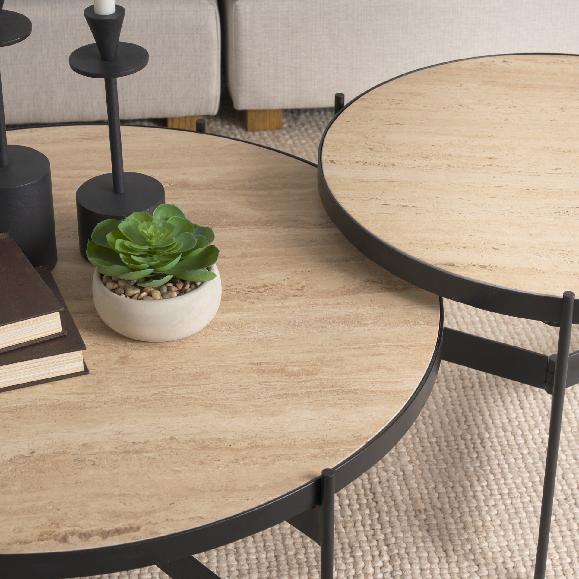 Wade Travertine Marble w/ Matte Black Metal Coffee Tables - Dekor Butik