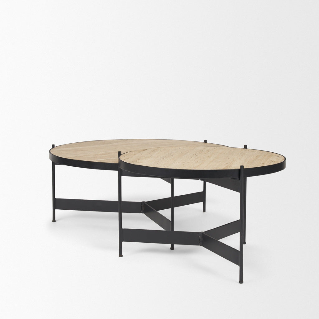 Wade Travertine Marble w/ Matte Black Metal Coffee Tables - Dekor Butik