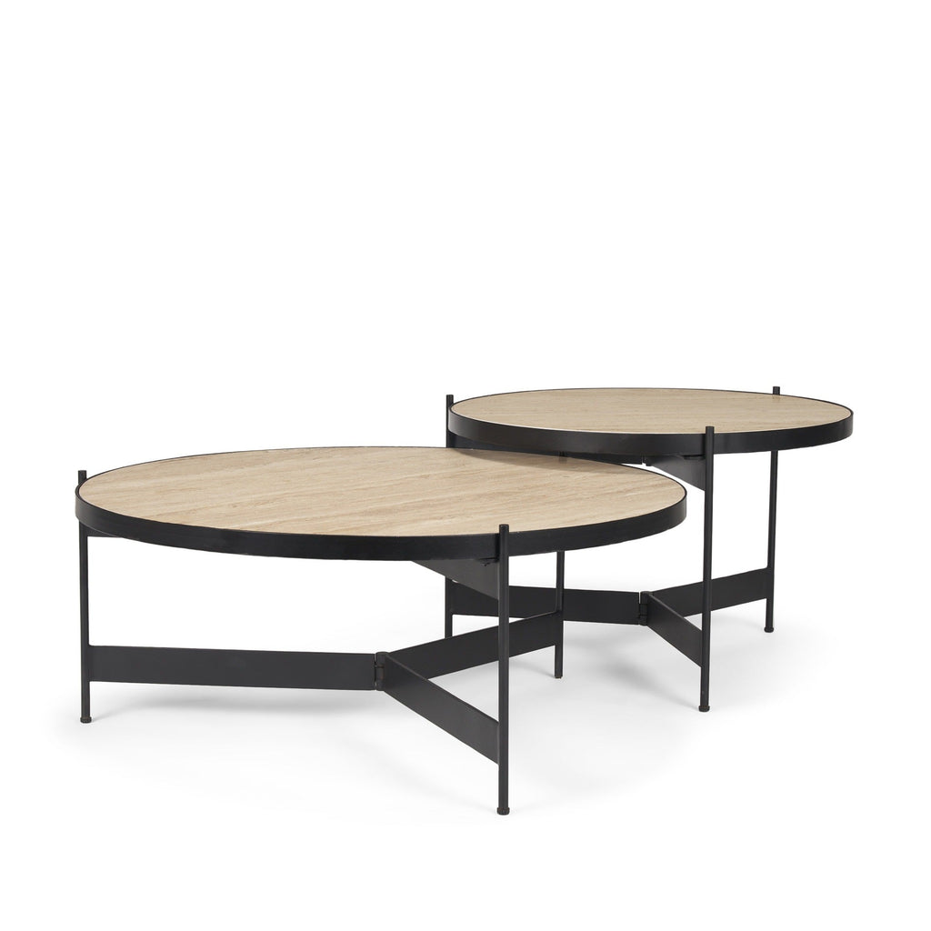 Wade Travertine Marble w/ Matte Black Metal Coffee Tables - Dekor Butik