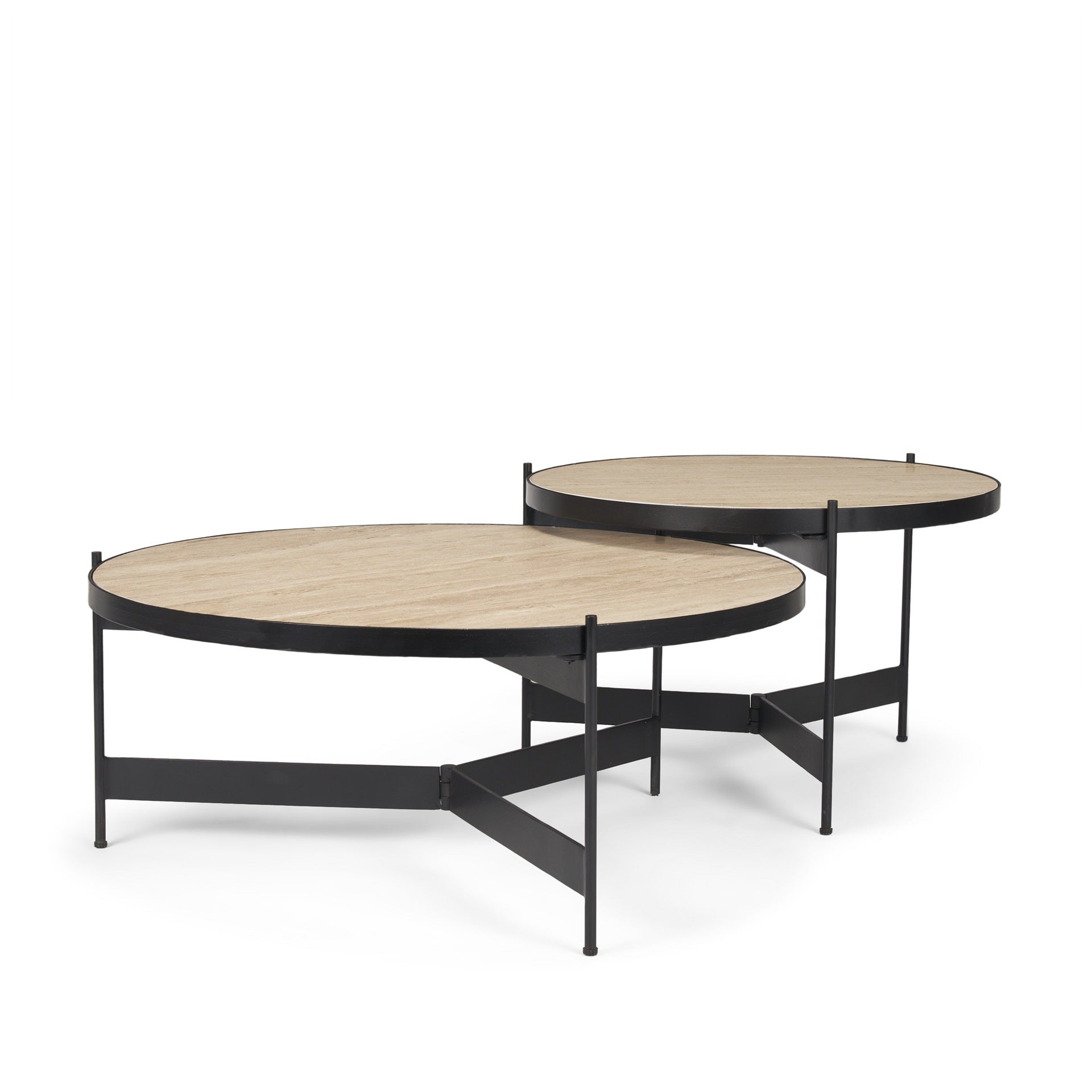 Wade Travertine Marble w/ Matte Black Metal Coffee Tables - Dekor Butik