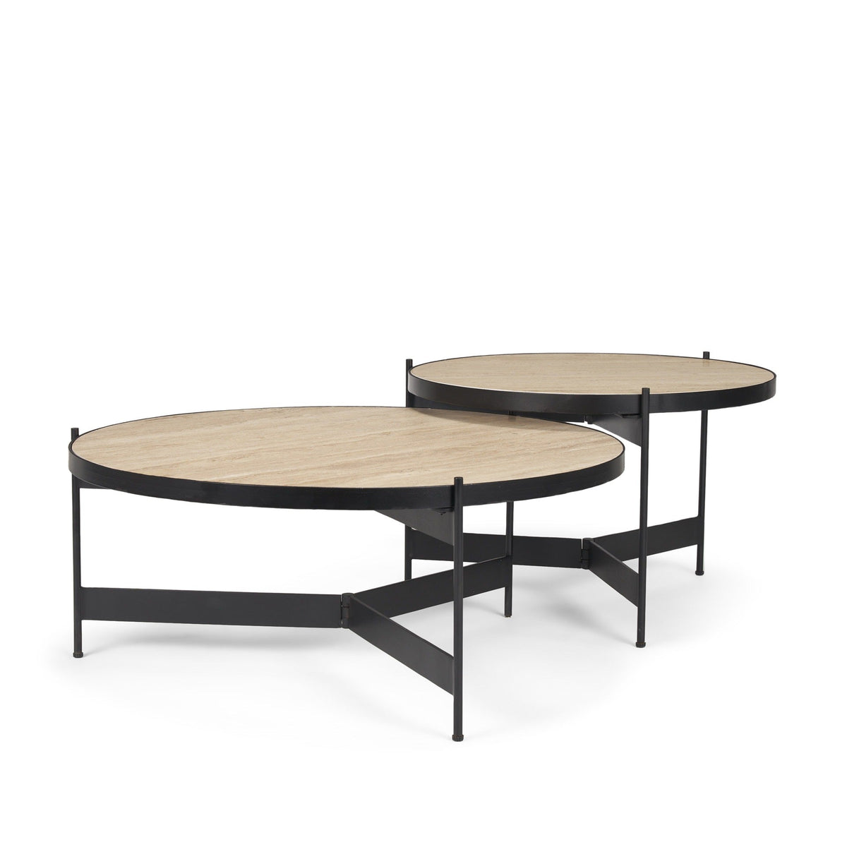 Wade Travertine Marble w/ Matte Black Metal Coffee Tables - Dekor Butik