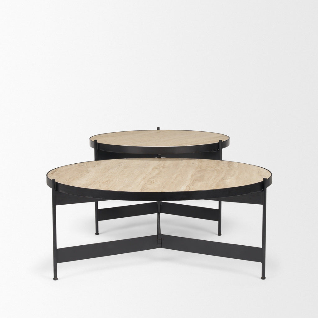 Wade Travertine Marble w/ Matte Black Metal Coffee Tables - Dekor Butik