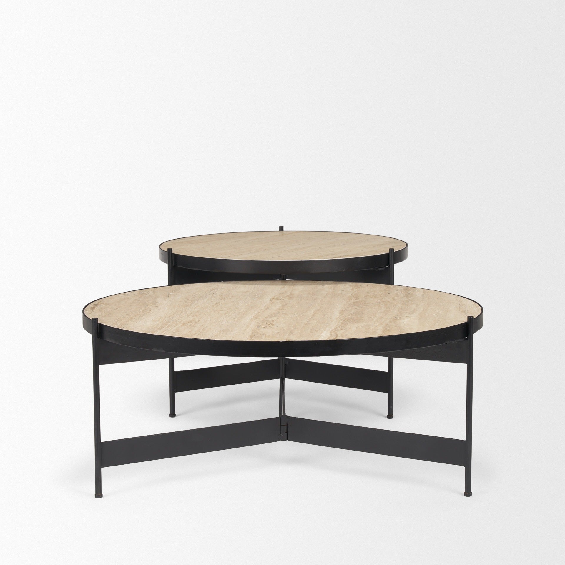 Wade Travertine Marble w/ Matte Black Metal Coffee Tables - Dekor Butik