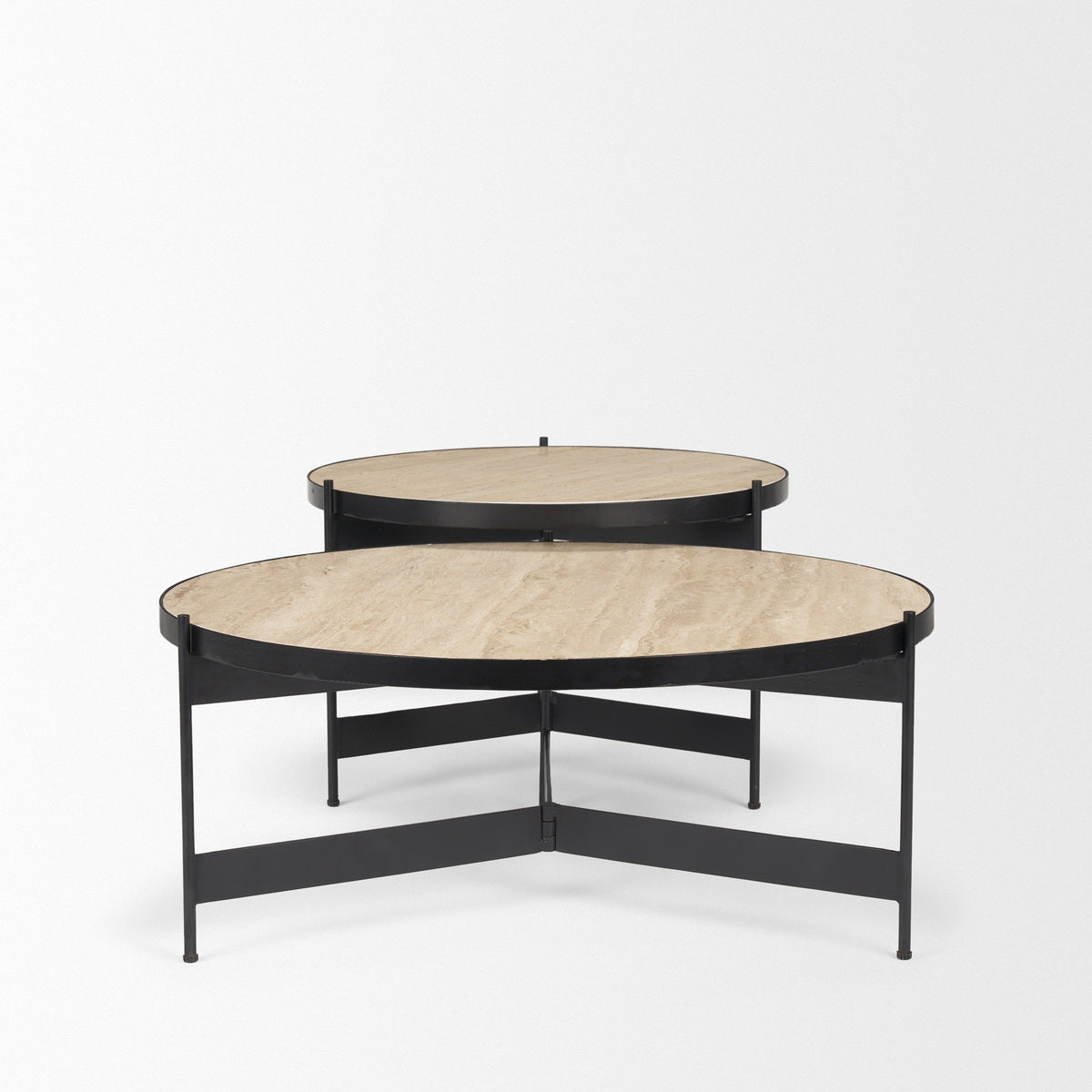 Wade Travertine Marble w/ Matte Black Metal Coffee Tables - Dekor Butik