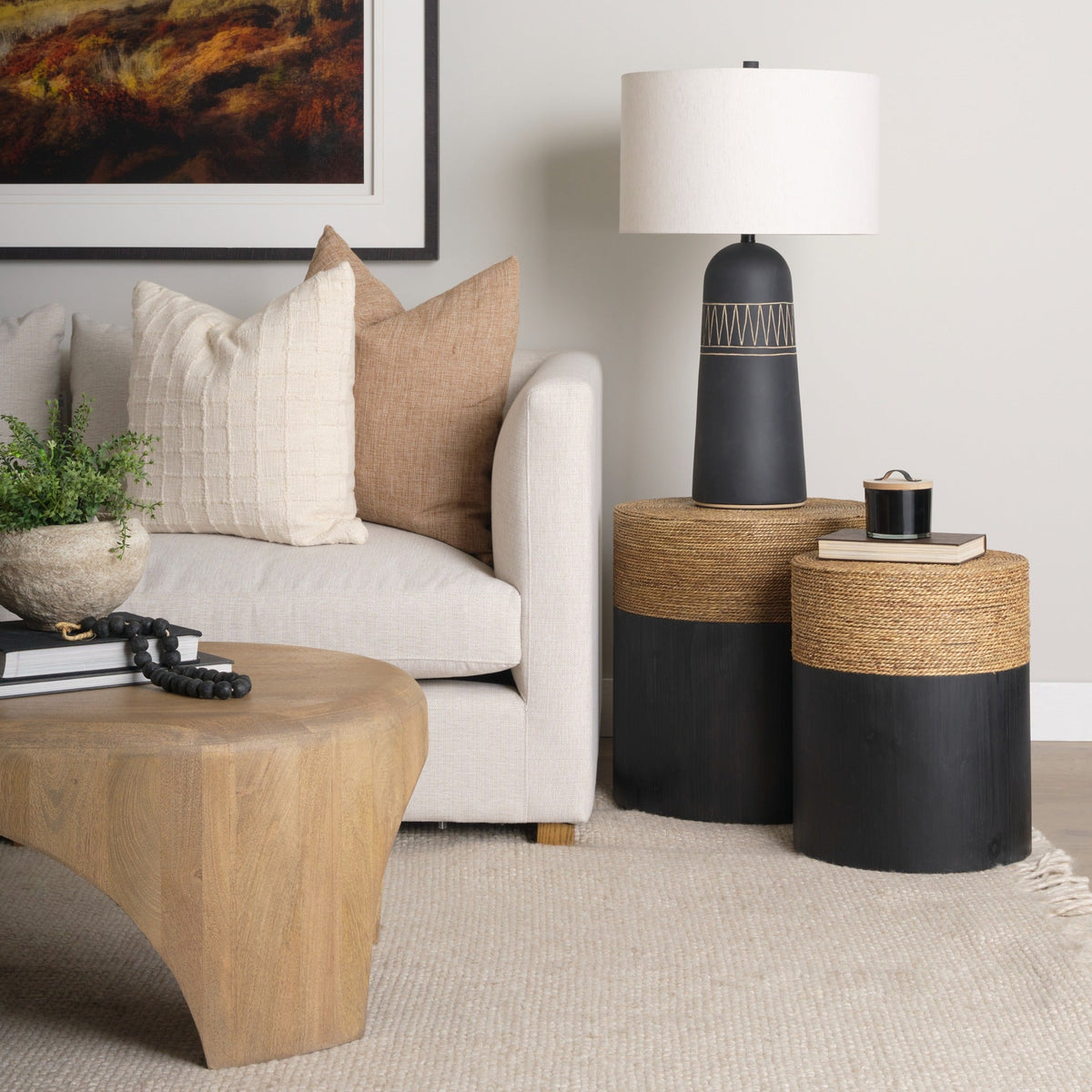 Wenopa Matte Black Wood w/ Natural Jute Accent Tables - Dekor Butik