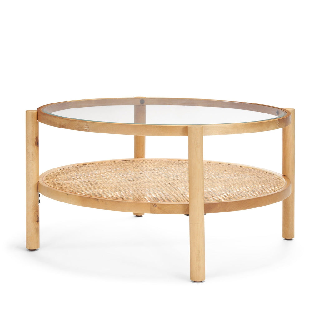 Weslyn Solid Light Brown Wood and Glass Top w/ Cane Coffee Table - Dekor Butik