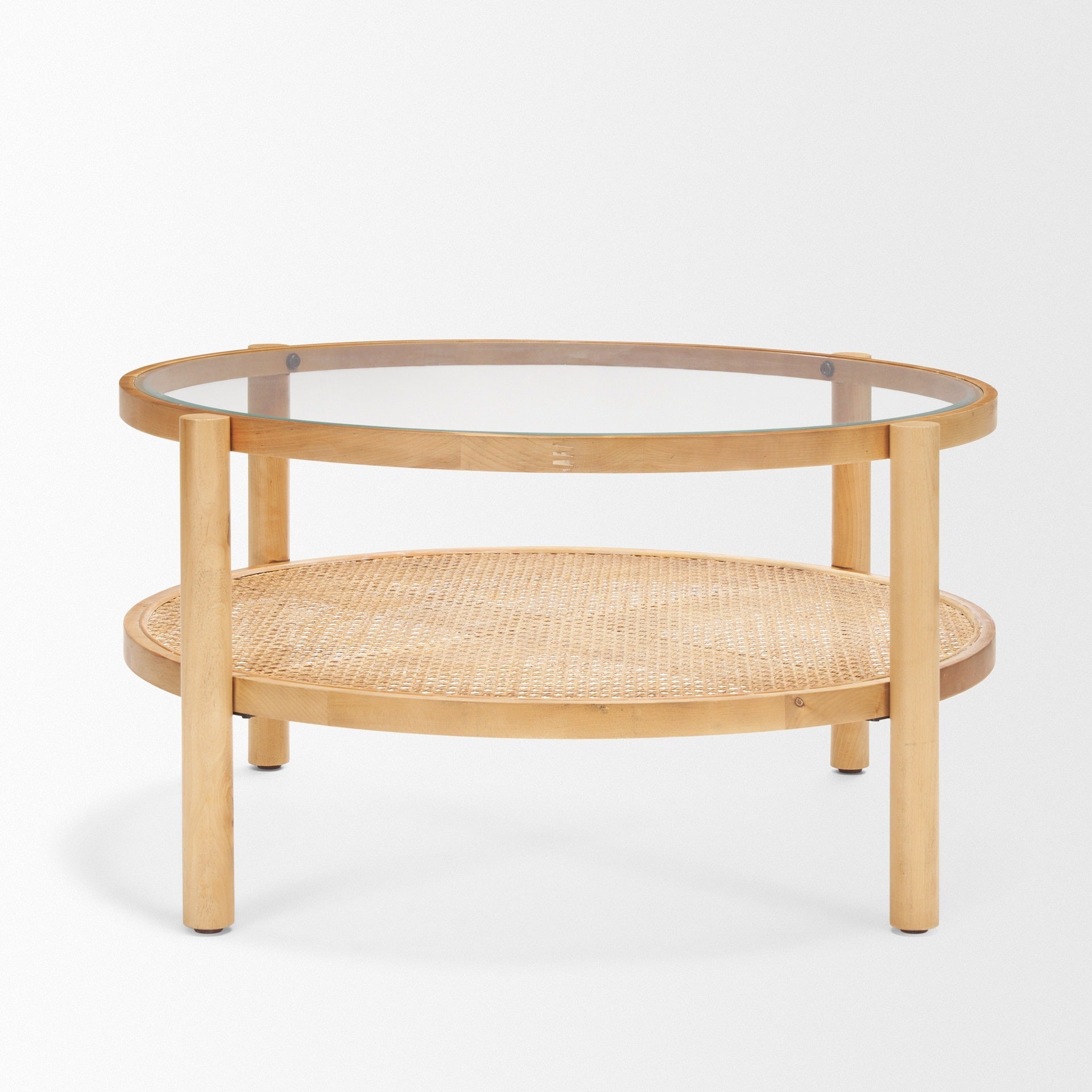 Weslyn Solid Light Brown Wood and Glass Top w/ Cane Coffee Table - Dekor Butik