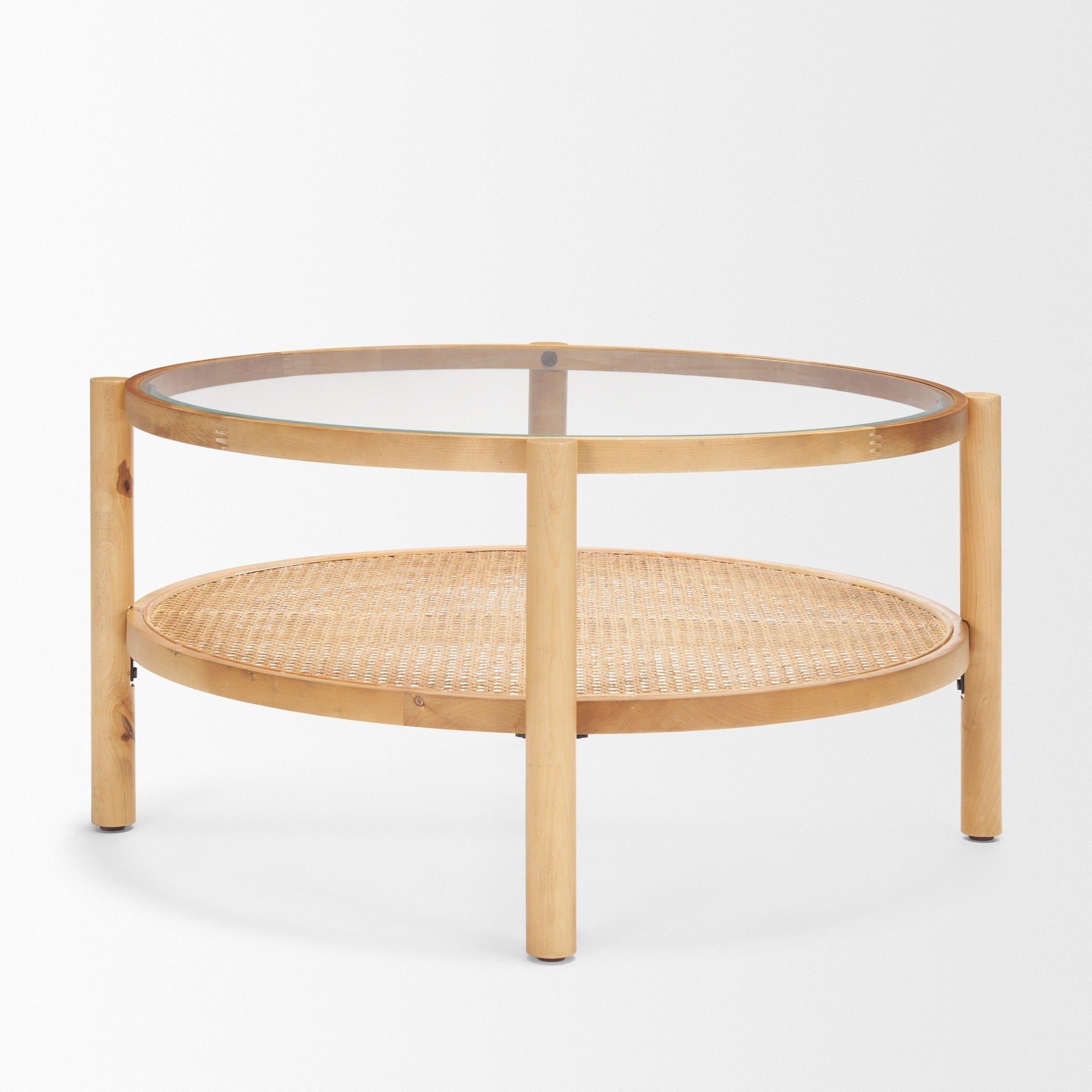 Weslyn Solid Light Brown Wood and Glass Top w/ Cane Coffee Table - Dekor Butik