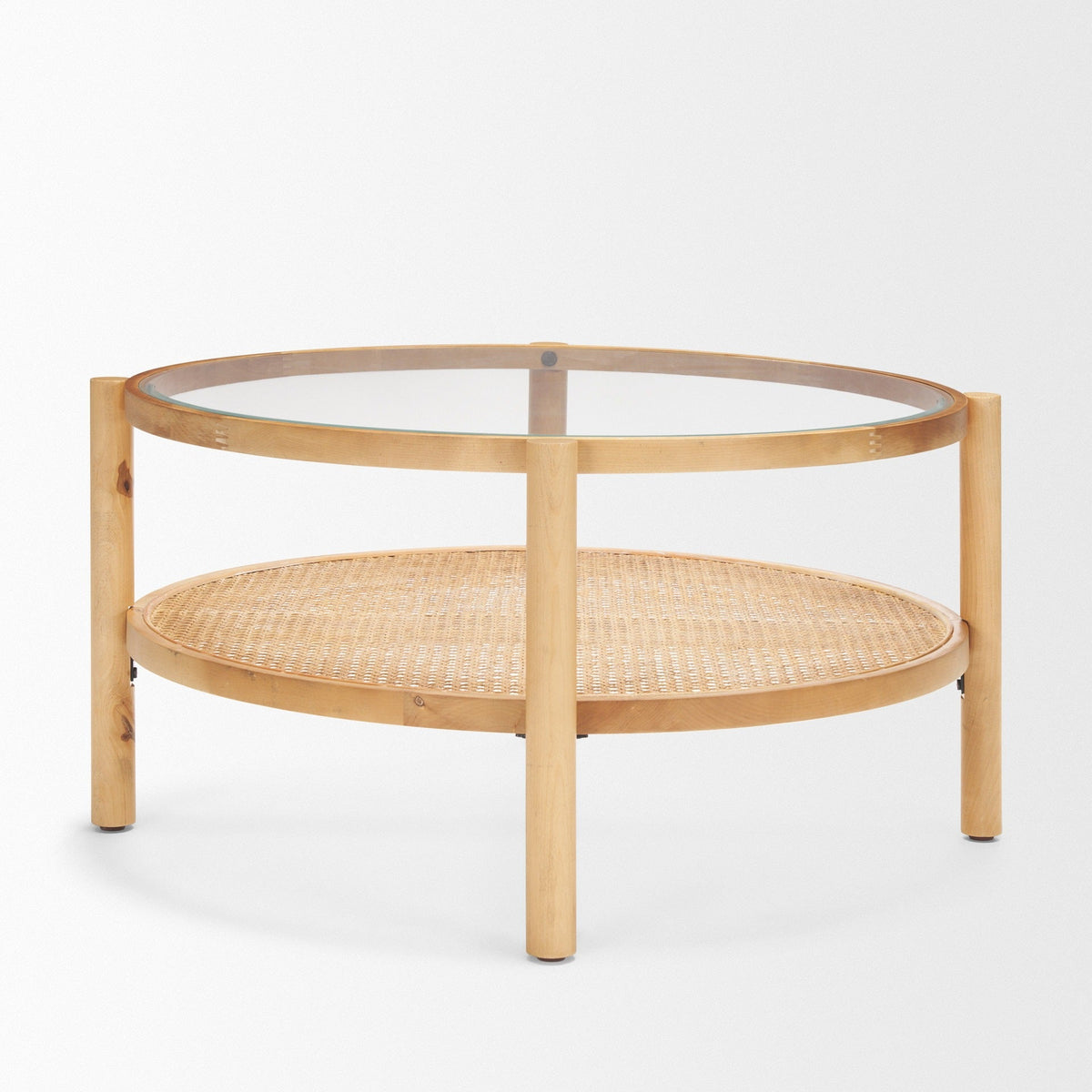 Weslyn Solid Light Brown Wood and Glass Top w/ Cane Coffee Table - Dekor Butik