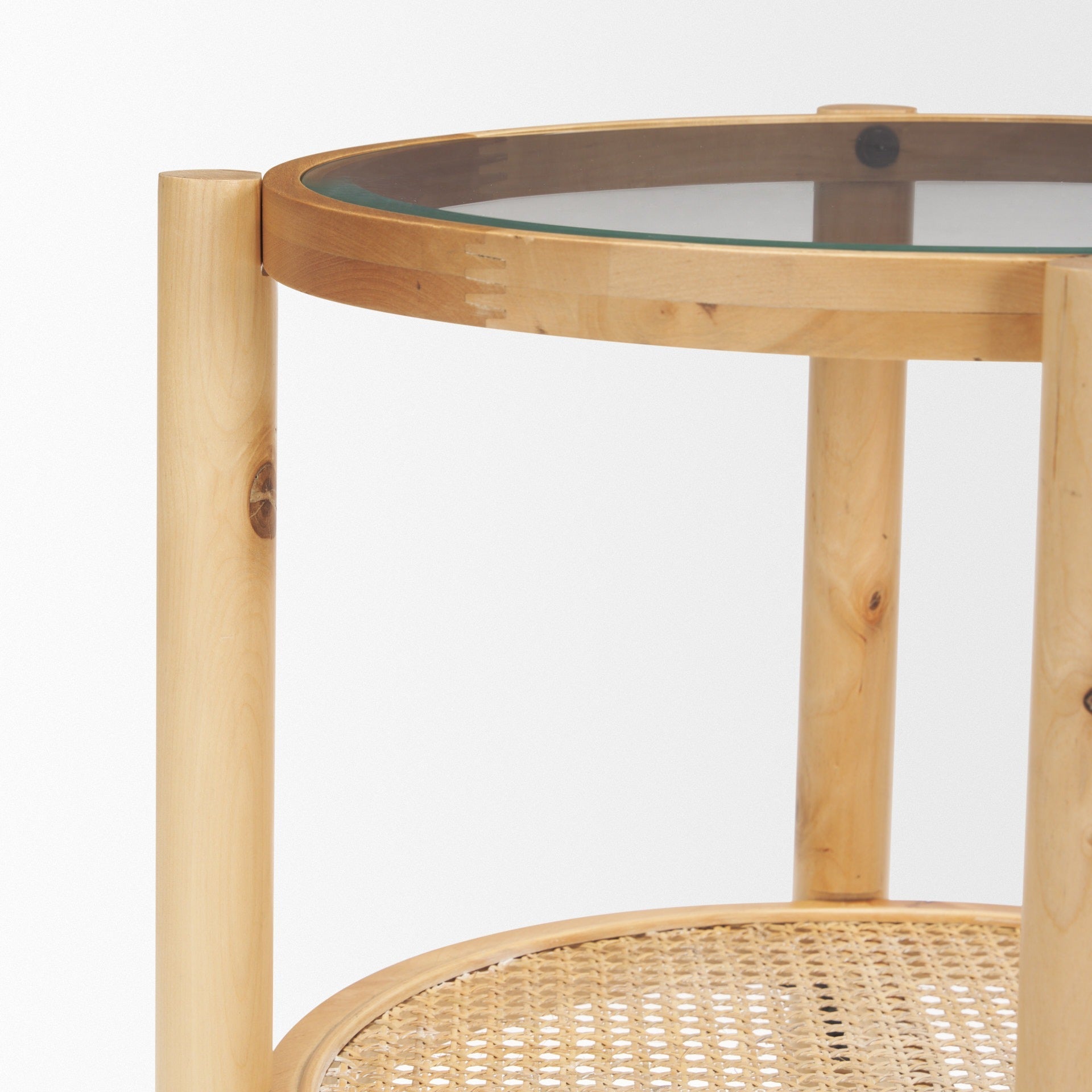 Weslyn Solid Light Brown Wood and Glass Top w/ Cane Side Table - Dekor Butik