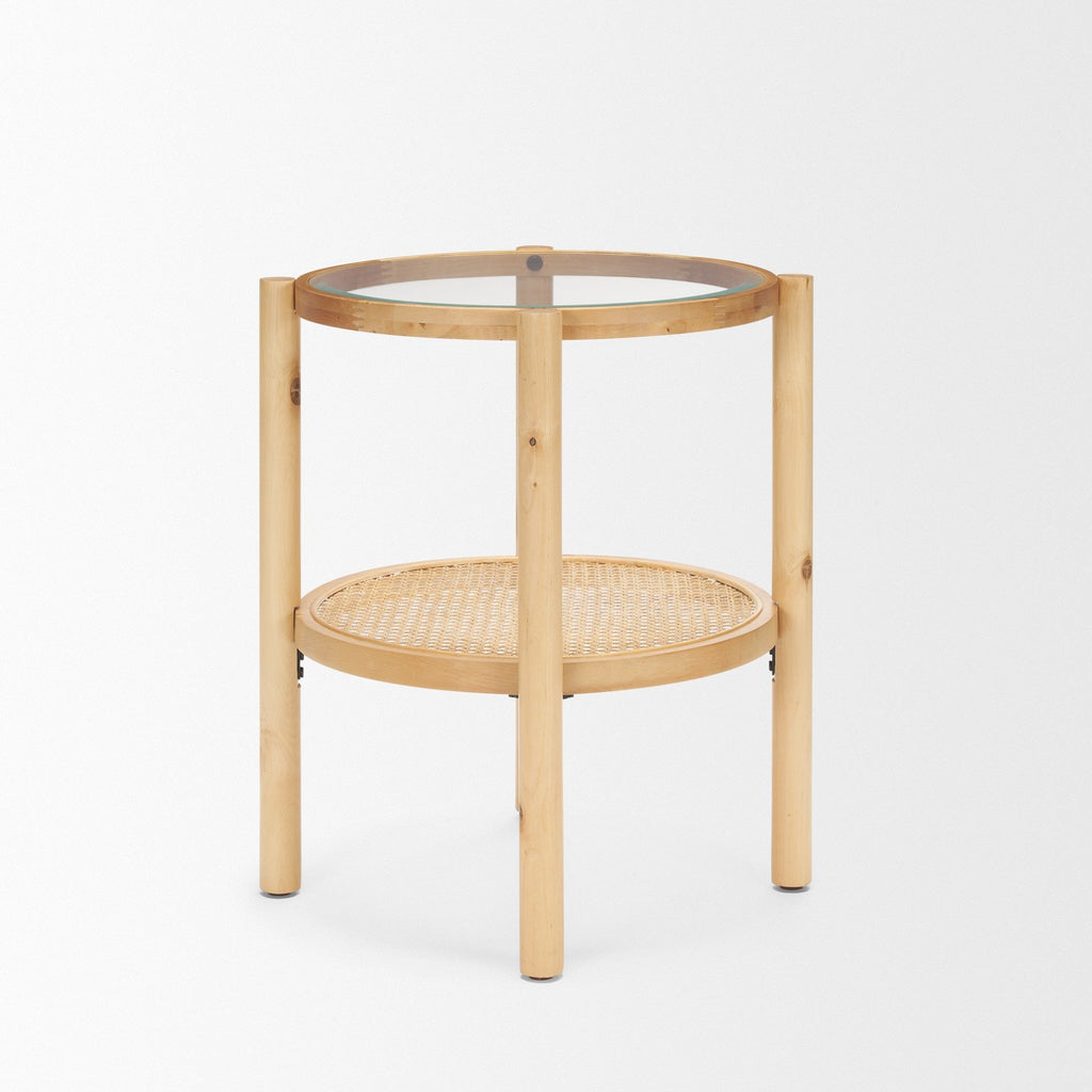 Weslyn Solid Light Brown Wood and Glass Top w/ Cane Side Table - Dekor Butik