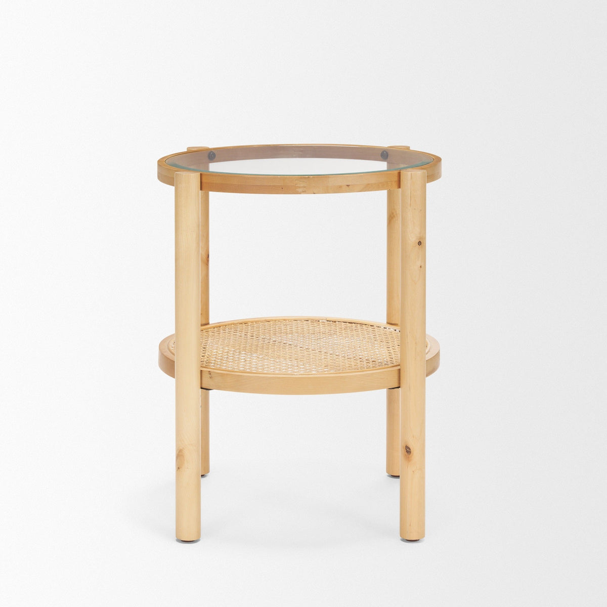 Weslyn Solid Light Brown Wood and Glass Top w/ Cane Side Table - Dekor Butik